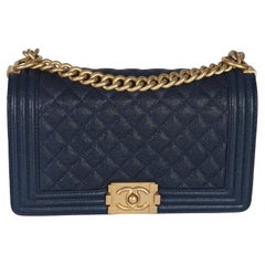 Chanel Navy Quilted Caviar Old Medium Boy Bag