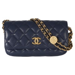 Chanel Navy Quilted Caviar Twist Your Buttons Phone Holder With Chain