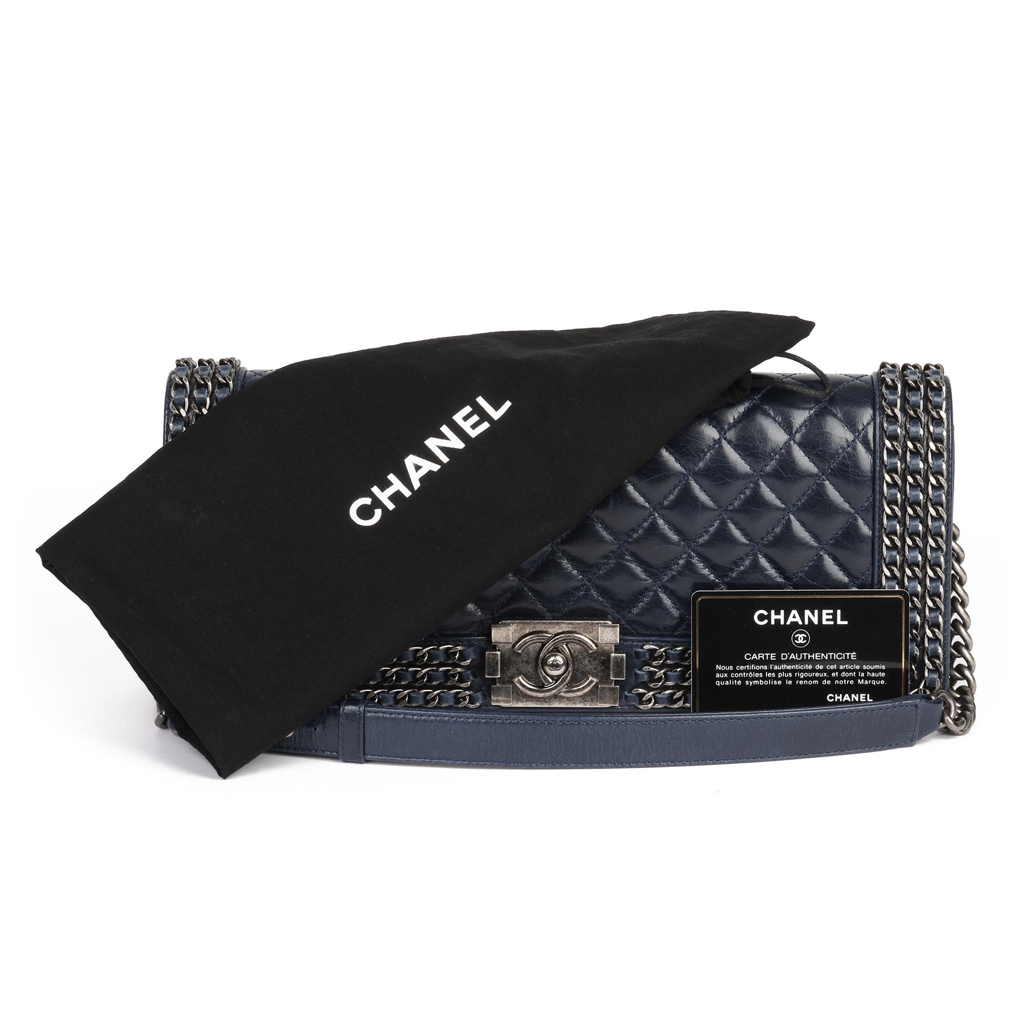 Chanel Navy Quilted Distressed Calfskin Leather Chain Around Long Le Boy COC 4
