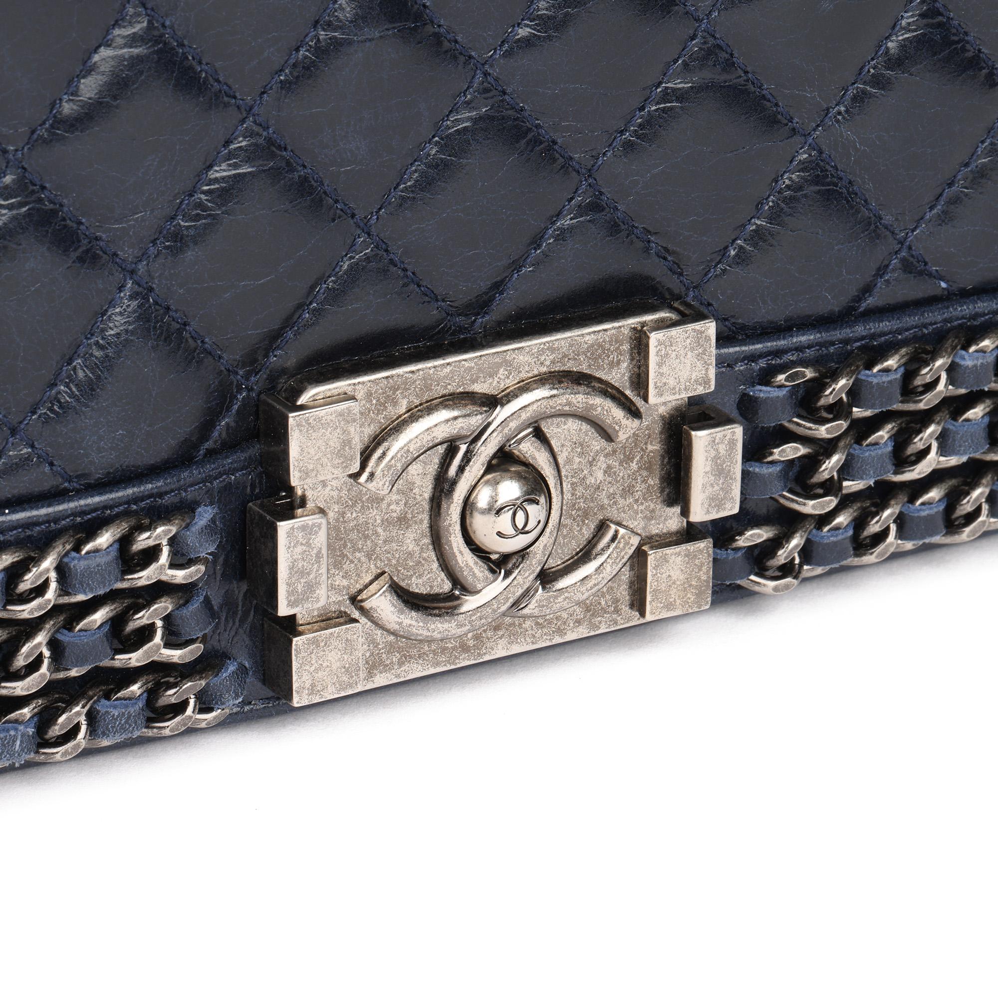 Chanel Navy Quilted Distressed Calfskin Leather Chain Around Long Le Boy COC In Excellent Condition In Bishop's Stortford, Hertfordshire