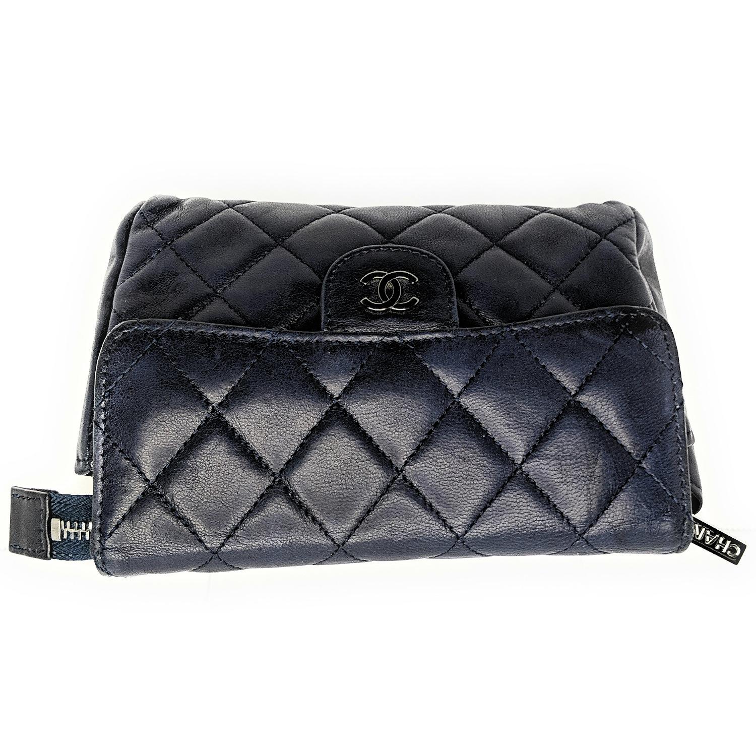 Black Chanel Navy Quilted Flap Cosmetic Case