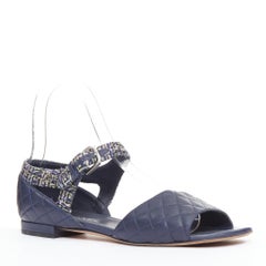 CHANEL navy quilted lambskin leather metallic tweed mary jane sandals EU39