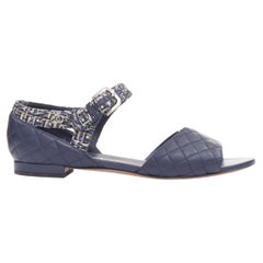 CHANEL navy quilted lambskin leather metallic tweed mary jane sandals EU39