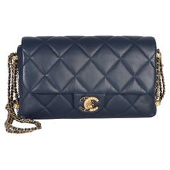 Chanel Navy Quilted Lambskin Pearl CC Crush Small Triple Chain Flap Bag