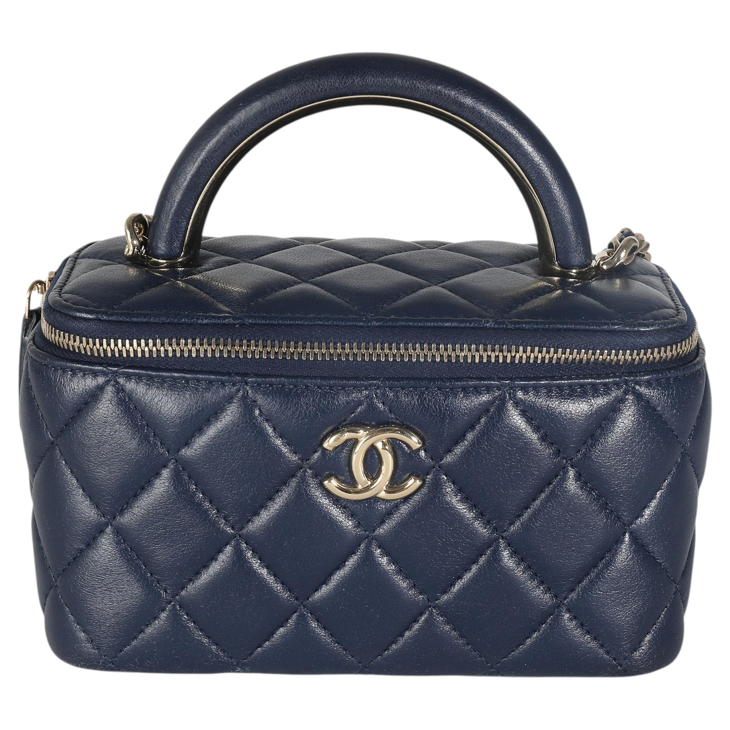 Chanel Navy Quilted Lambskin Top Handle Vanity Case With Chain For Sale