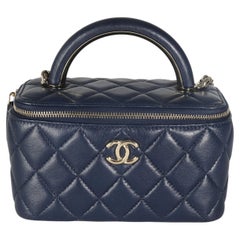 Chanel Navy Quilted Lambskin Top Handle Vanity Case With Chain
