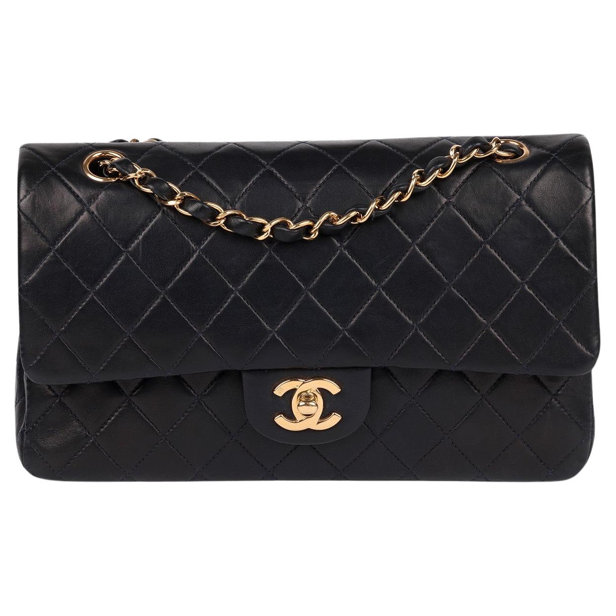 Chanel Navy Quilted Lambskin Vintage Medium Classic Double Flap Bag For Sale