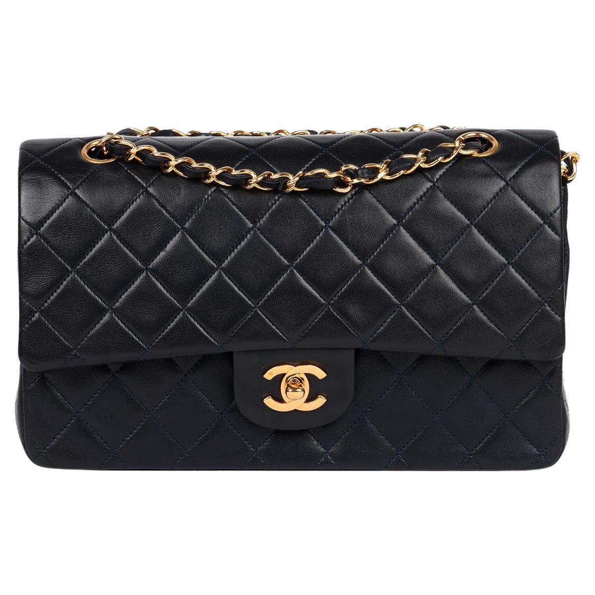 Chanel Navy Quilted Lambskin Vintage Medium Classic Double Flap Bag For Sale