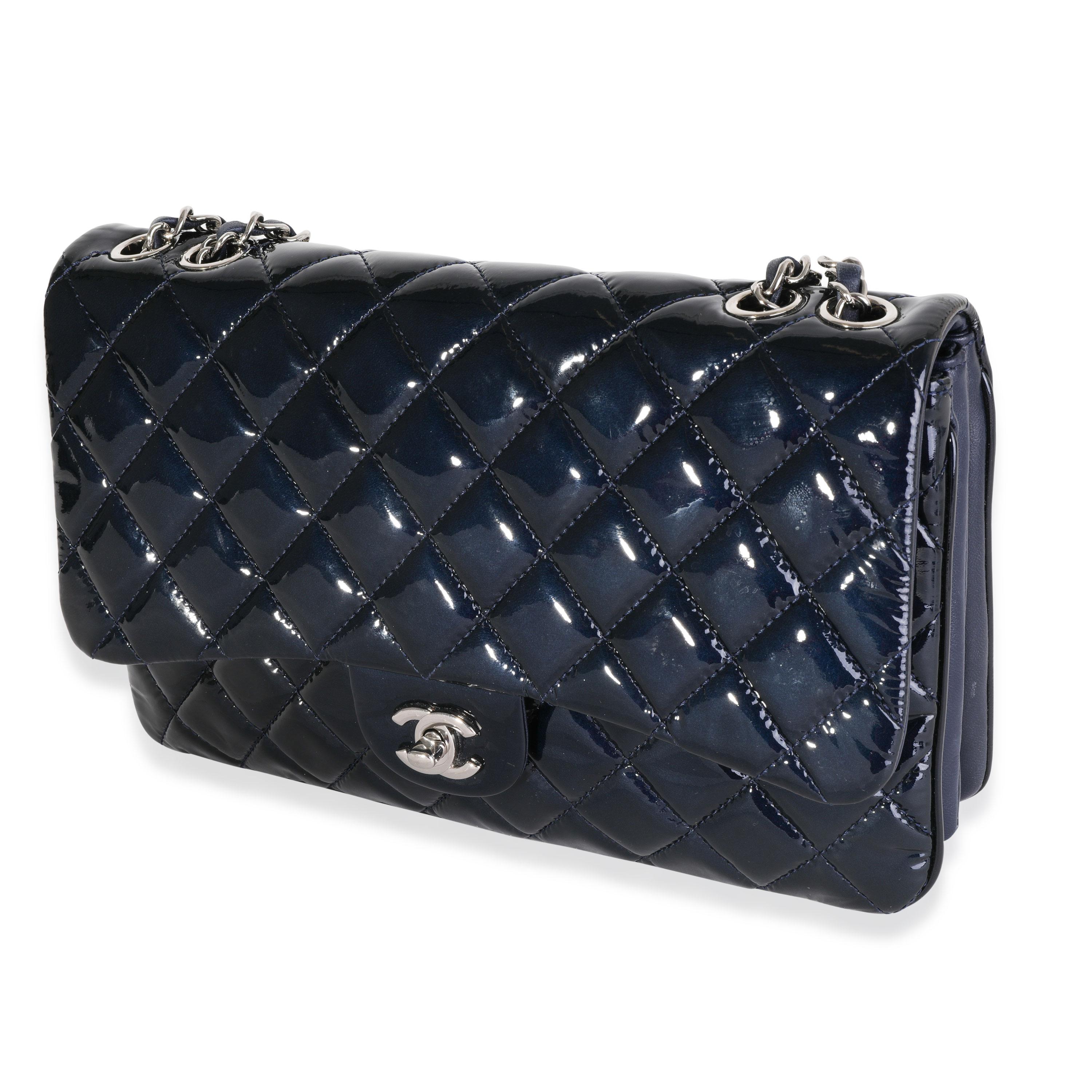 Black Chanel Navy Quilted Patent Leather Accordion Flap Bag
