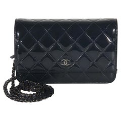 Chanel Navy Quilted Patent Wallet On Chain