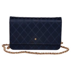 Chanel Navy Quilted Satin & Gold Satin Wallet-On-Chain WOC