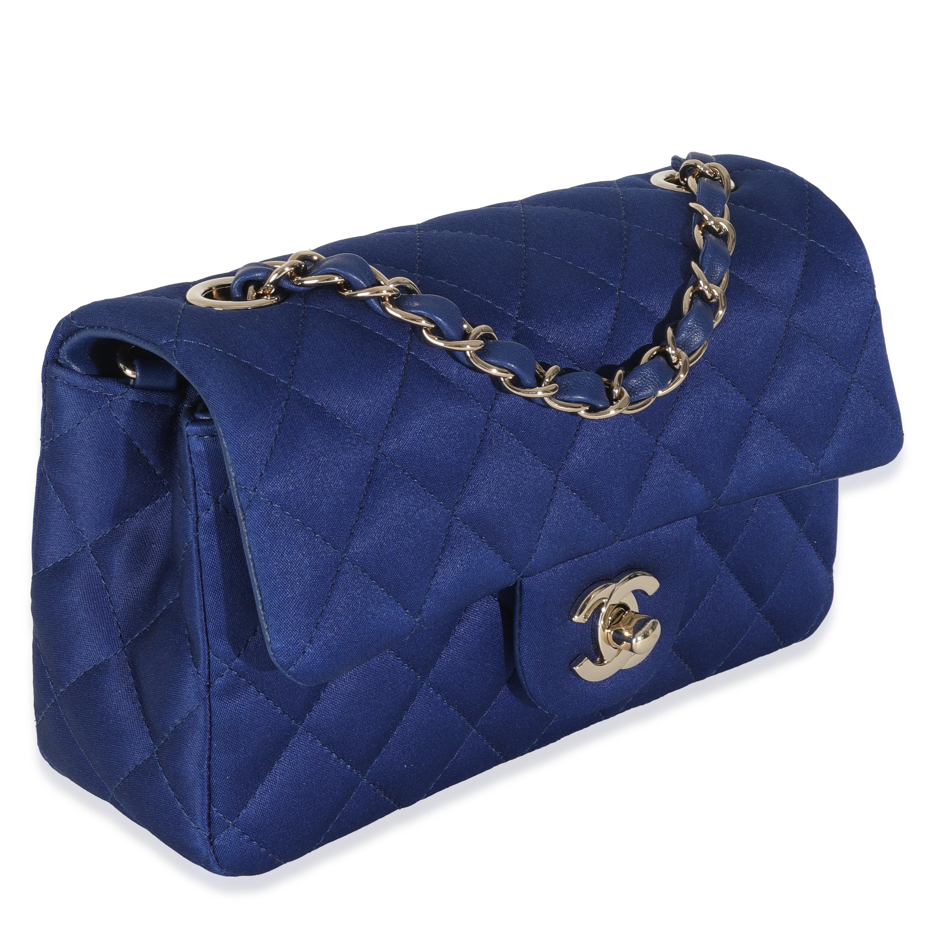Chanel Navy Quilted Satin Mini Rectangular Classic Flap In Excellent Condition For Sale In New York, NY