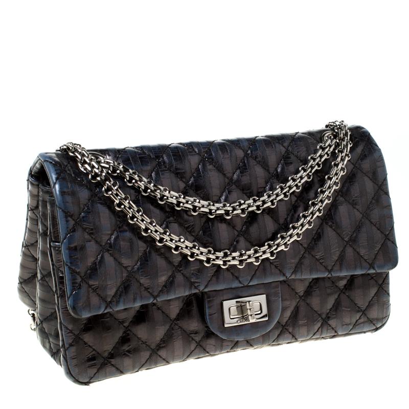Chanel Navy Quilted Striped Leather Triple Reissue 2.55 Classic 225 Flap Bag 3