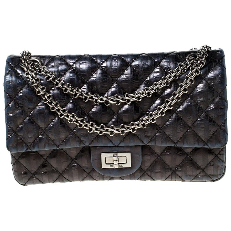 Chanel Navy Quilted Striped Leather Triple Reissue 2.55 Classic 225 Flap Bag