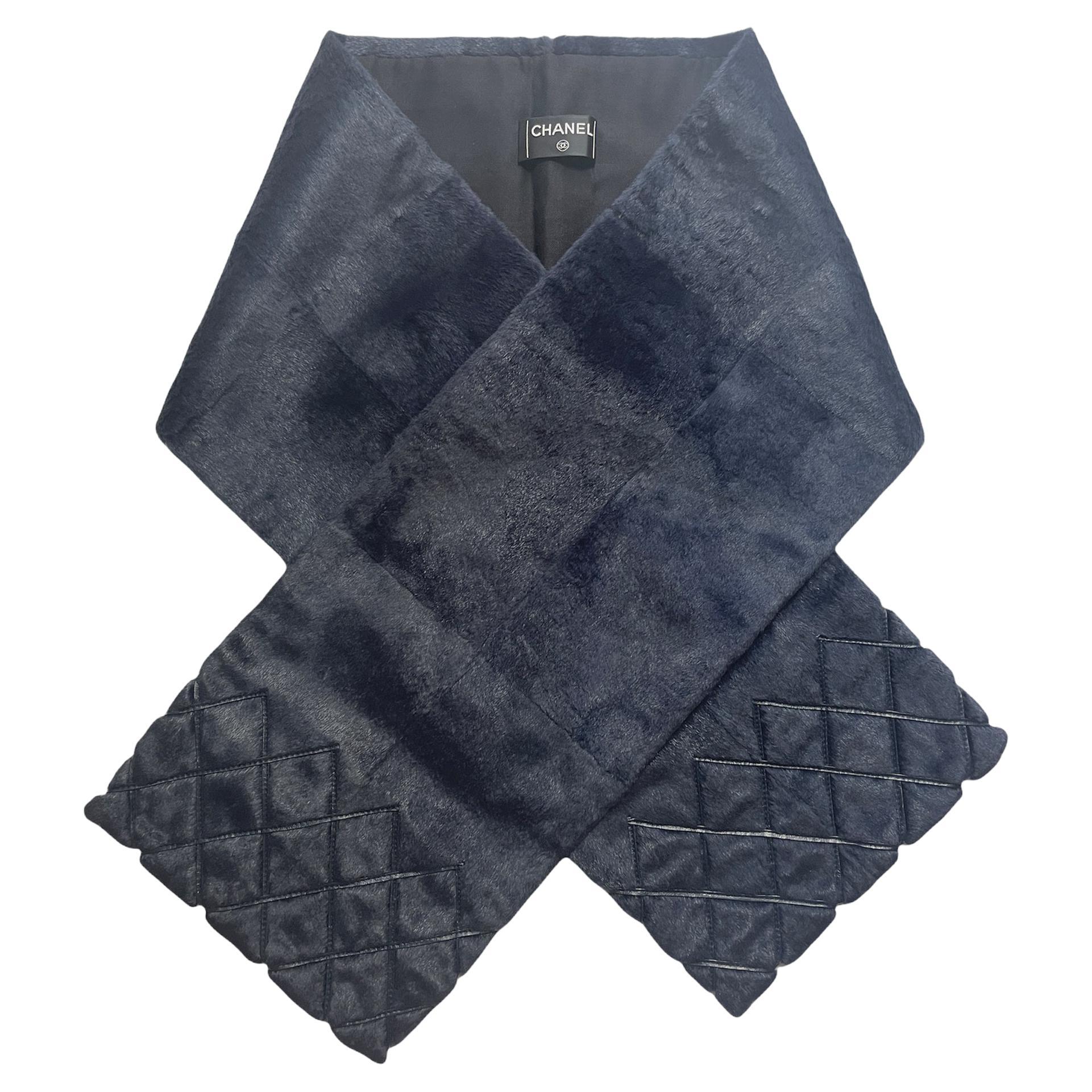 Chanel Navy Rabbit Fur Stole w/ Leather Quilted Stitching at Trim