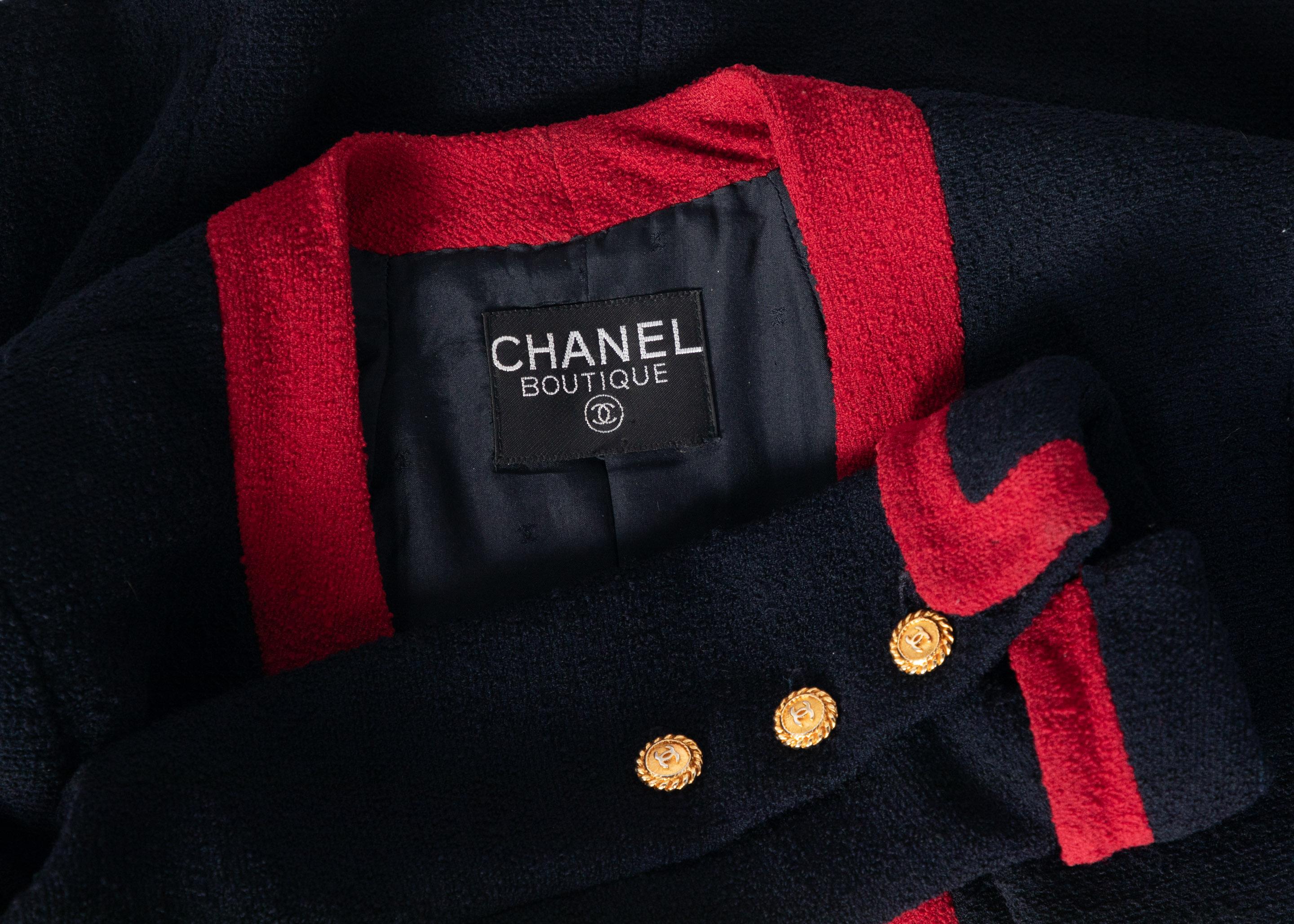 Chanel Navy & Red Boucle Jacket w/ Gold CC Buttons, 1980s 3