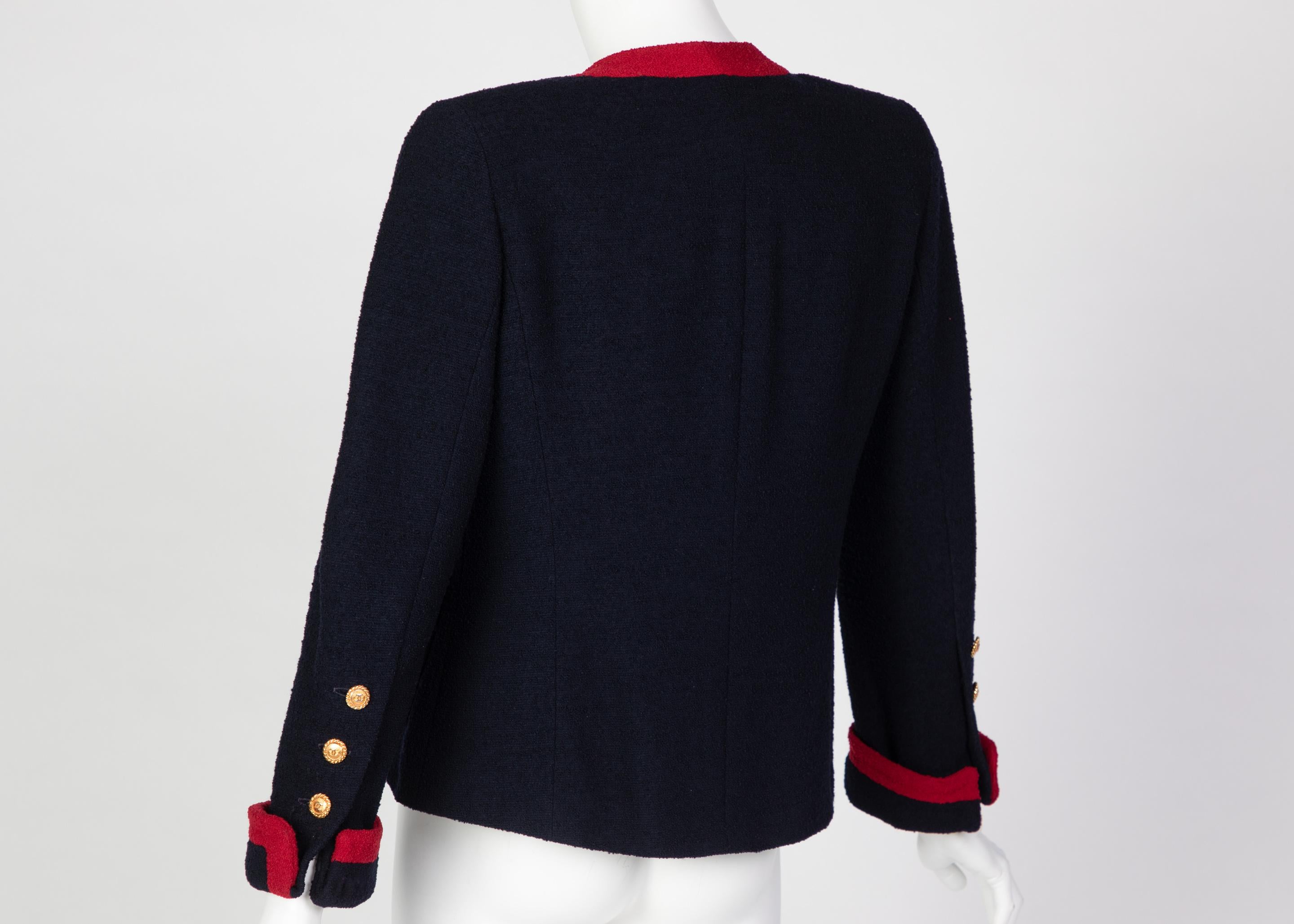 Black Chanel Navy & Red Boucle Jacket w/ Gold CC Buttons, 1980s