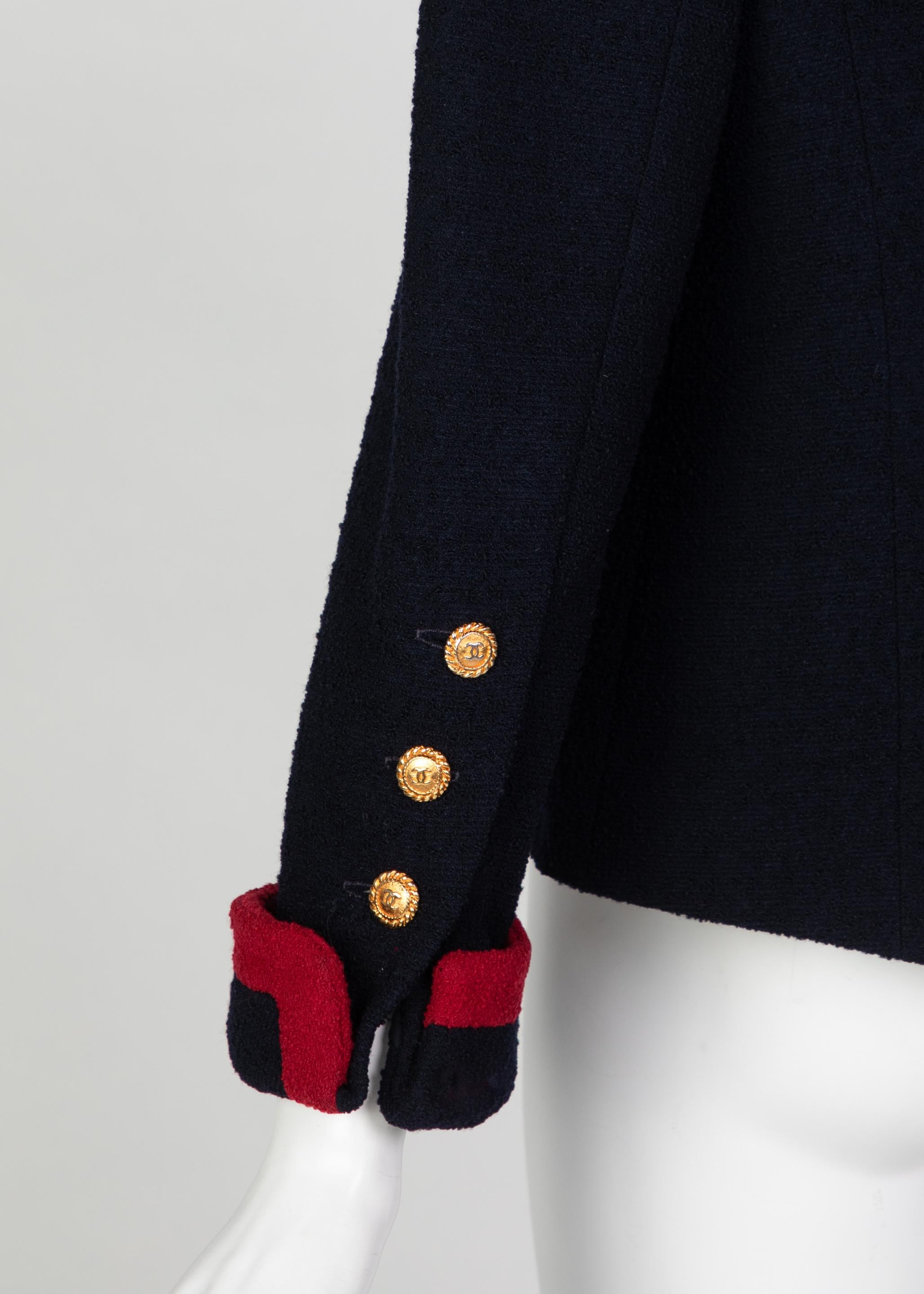 Chanel Navy & Red Boucle Jacket w/ Gold CC Buttons, 1980s 2