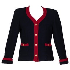 Vintage Chanel Navy & Red Boucle Jacket w/ Gold CC Buttons, 1980s