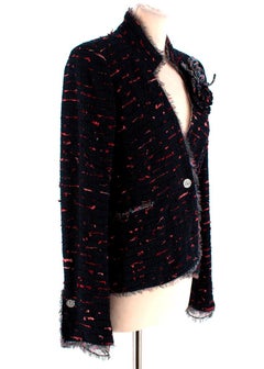 Chanel Navy & Red Camellia Lined Tweed Embellished Jacket FR36