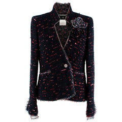 Chanel Navy & Red Camellia Lined Tweed Embellished Jacket FR36