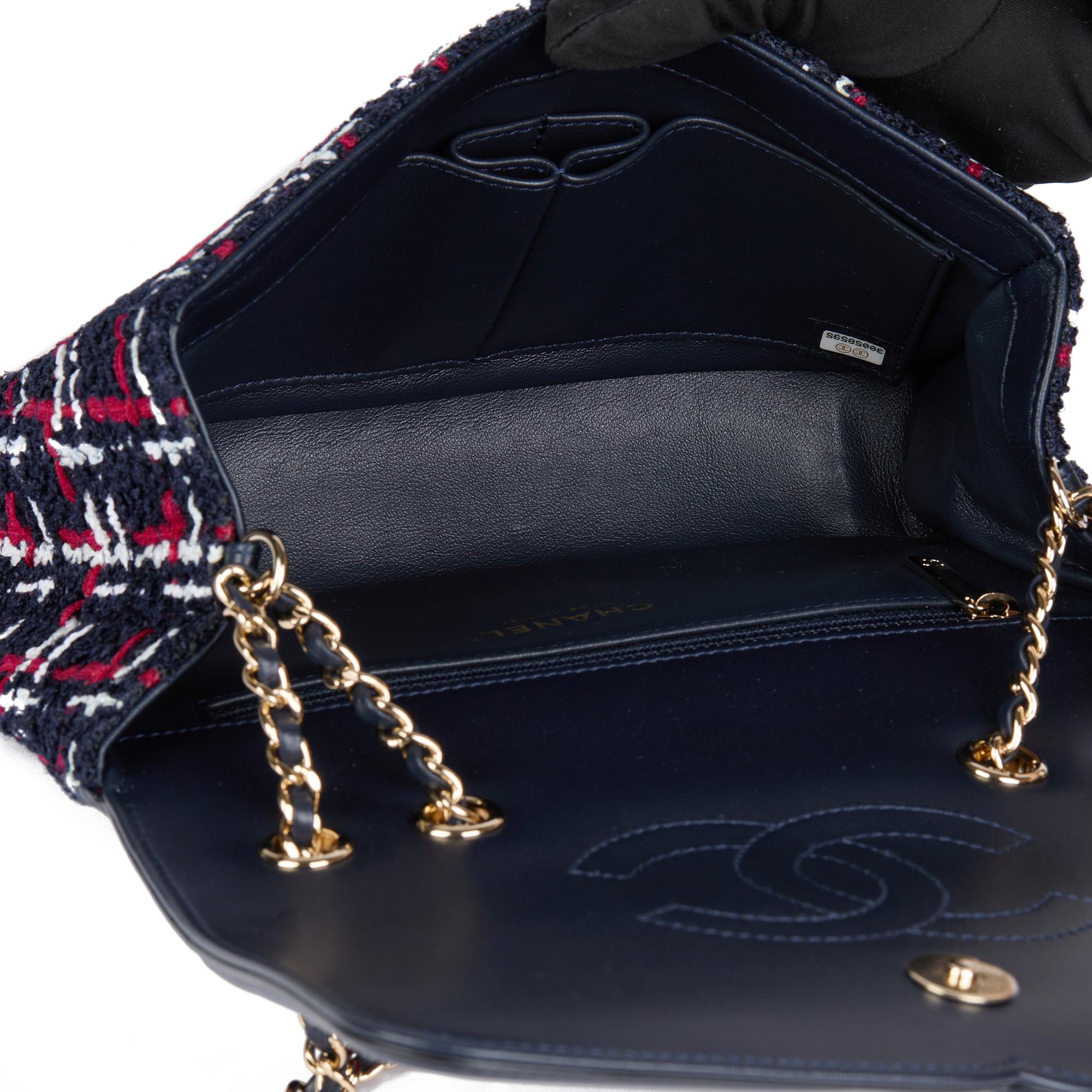 CHANEL Navy, Red, White Tweed Fabric & Navy Lambskin Small Filigree Flap Bag 3
