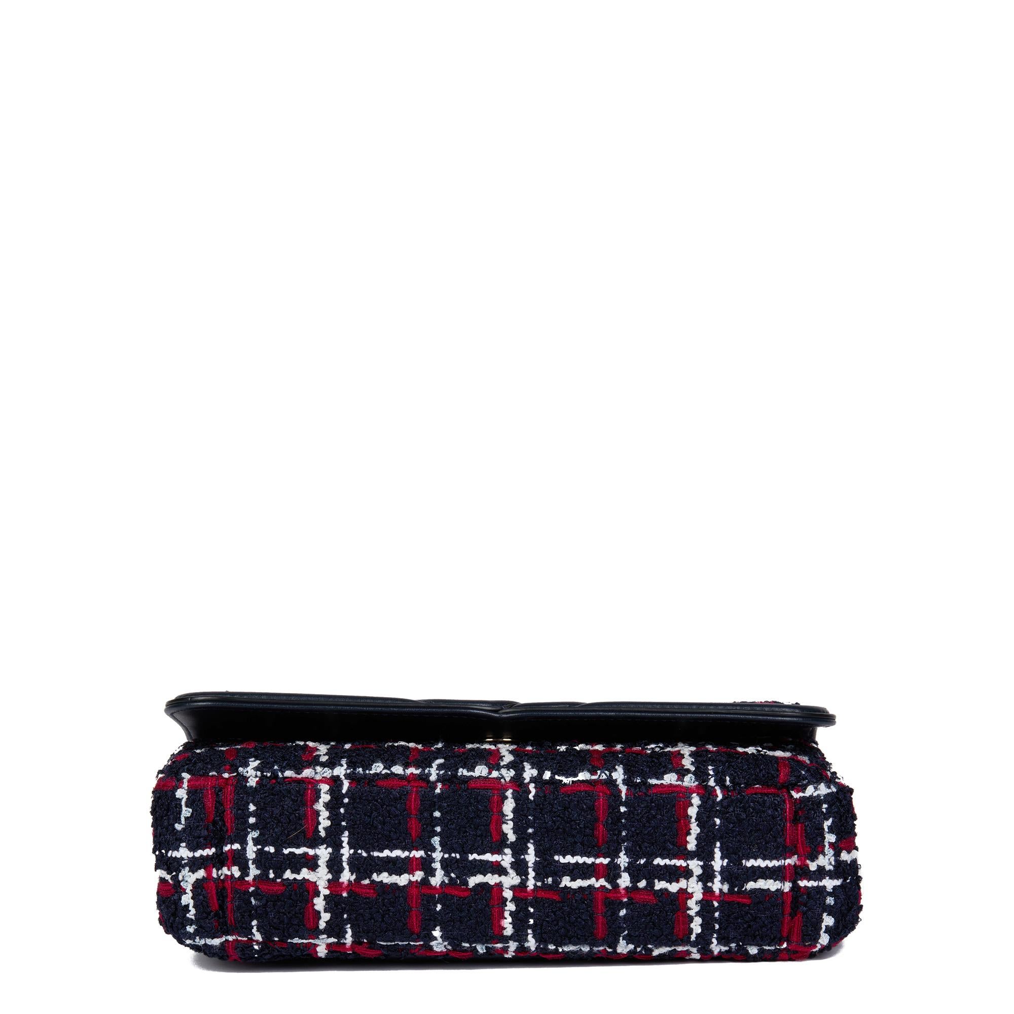 Black CHANEL Navy, Red, White Tweed Fabric & Navy Lambskin Small Filigree Flap Bag