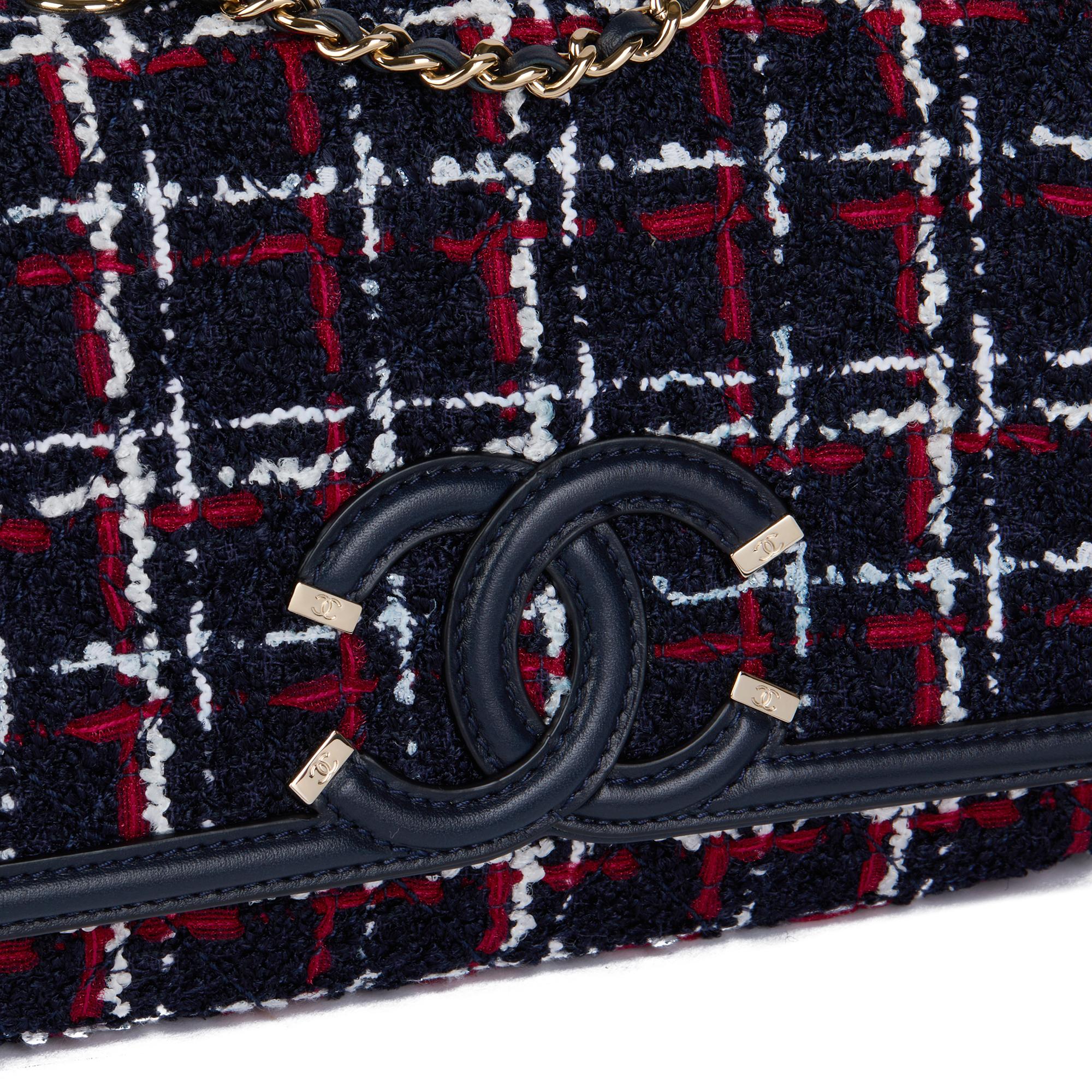 CHANEL Navy, Red, White Tweed Fabric & Navy Lambskin Small Filigree Flap Bag In Excellent Condition In Bishop's Stortford, Hertfordshire