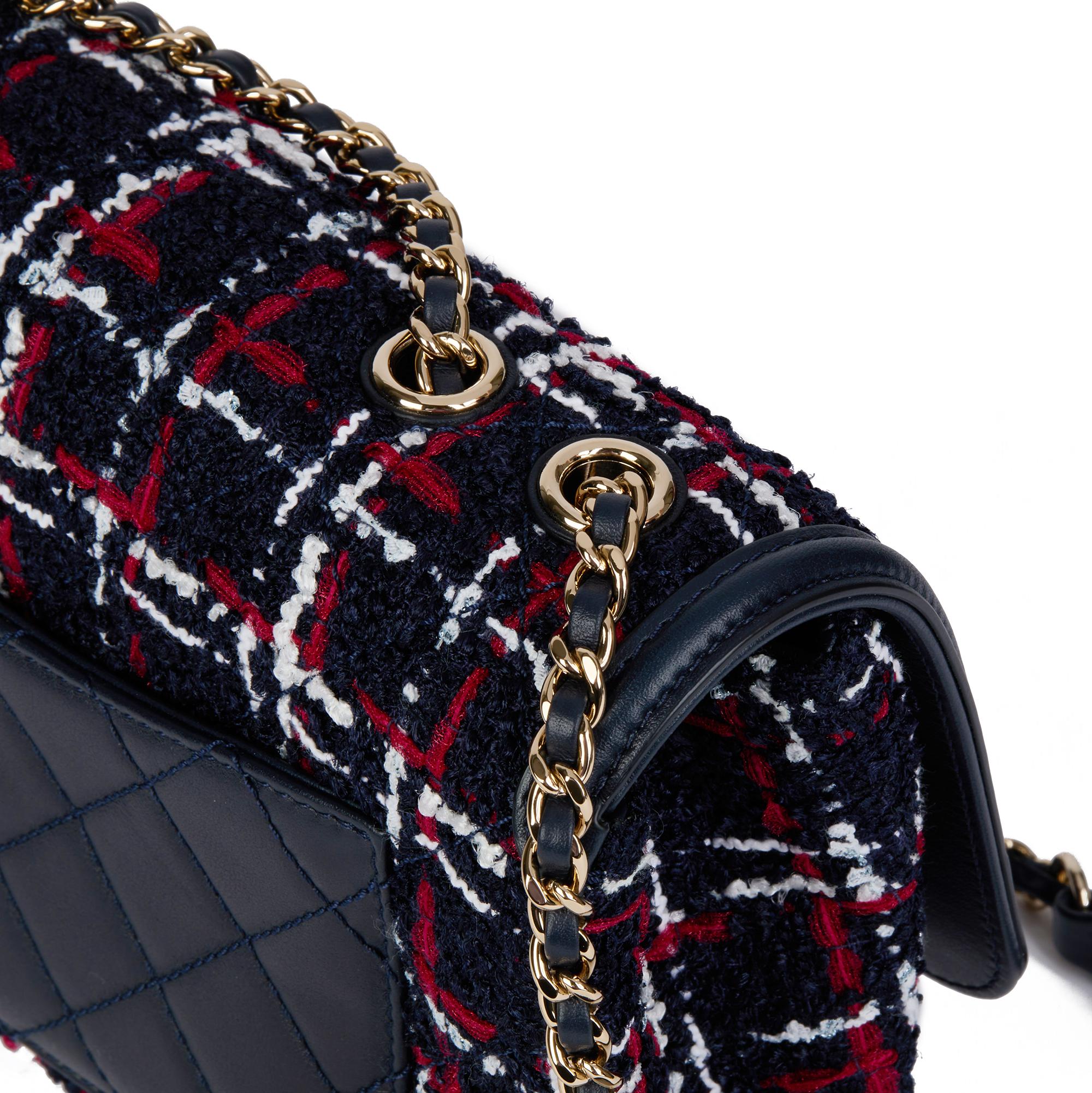 Women's CHANEL Navy, Red, White Tweed Fabric & Navy Lambskin Small Filigree Flap Bag