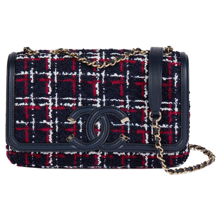 CHANEL Navy, Red, White Tweed Fabric and Navy Lambskin Small