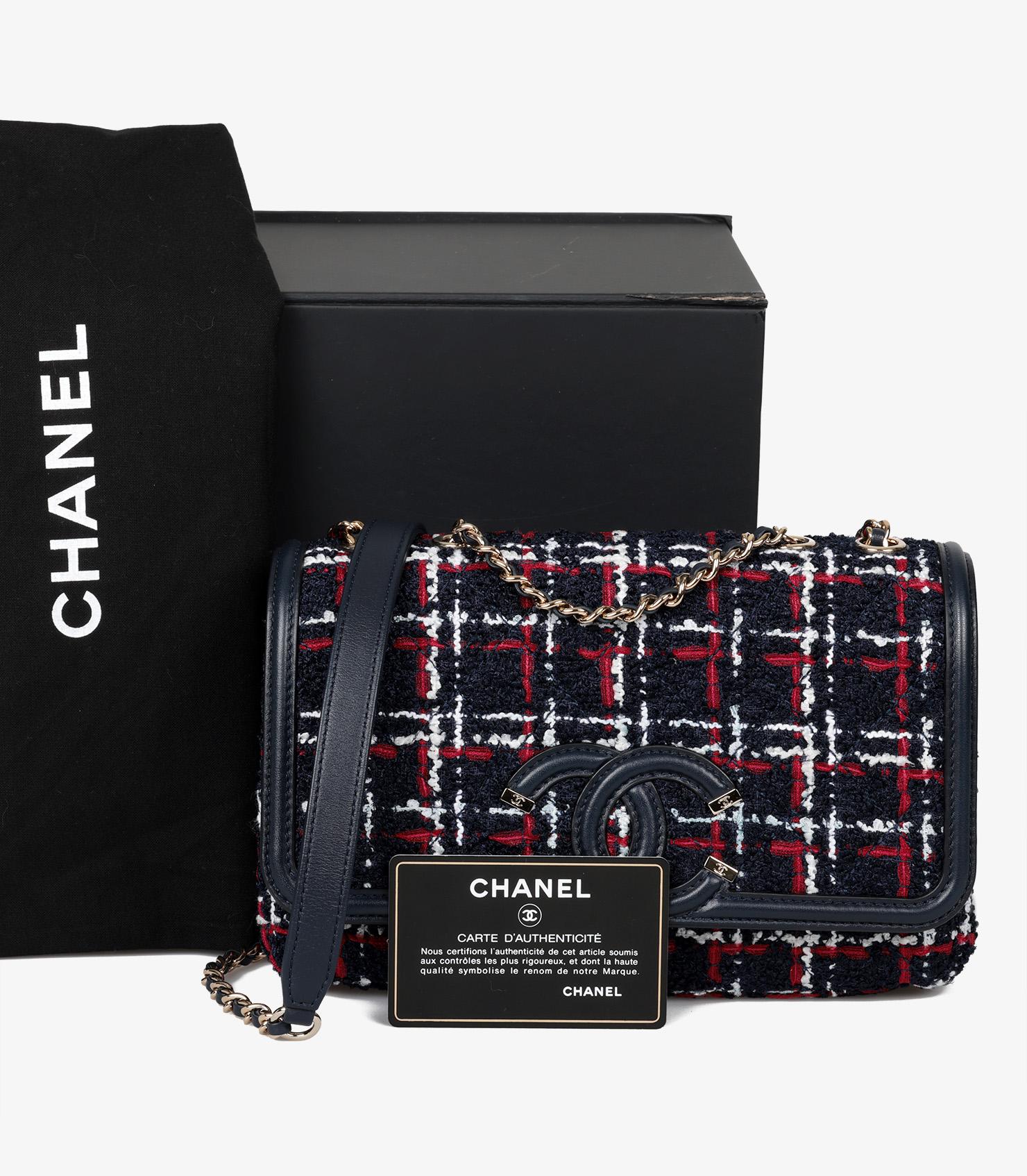 Chanel Navy, Red, White Tweed & Navy Lambskin Small Filigree Flap Bag For Sale 5