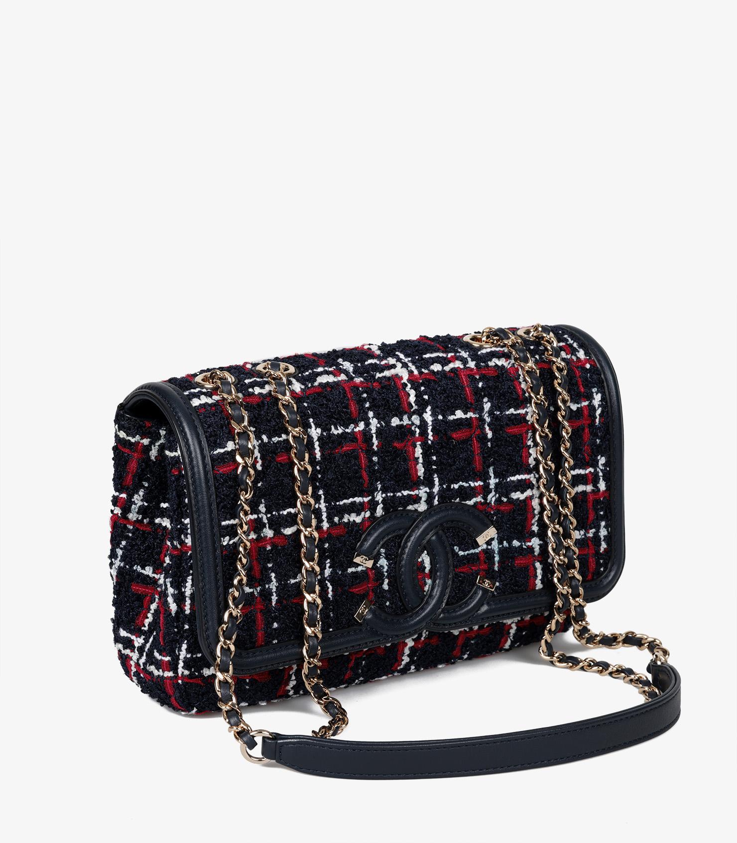 Black Chanel Navy, Red, White Tweed & Navy Lambskin Small Filigree Flap Bag For Sale