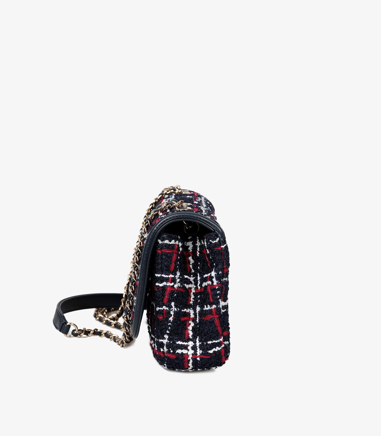 Women's or Men's Chanel Navy, Red, White Tweed & Navy Lambskin Small Filigree Flap Bag For Sale