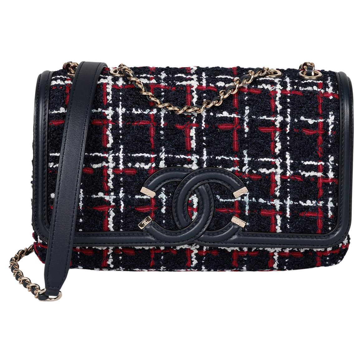 Chanel Navy, Red, White Tweed & Navy Lambskin Small Filigree Flap Bag For Sale
