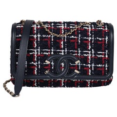 Chanel Navy, Red, White Tweed & Navy Lambskin Small Filigree Flap Bag