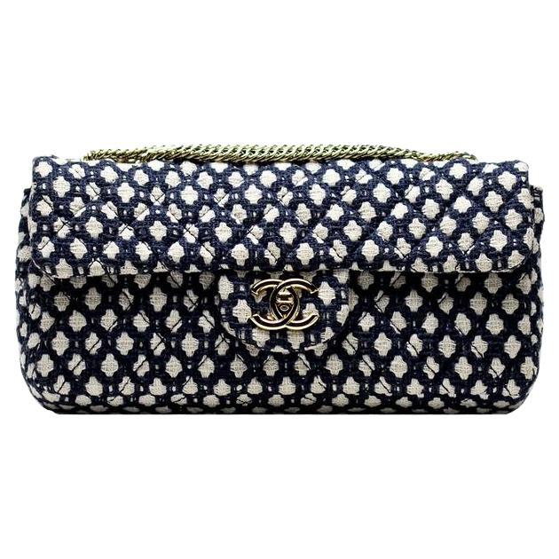 Chanel Navy Resort Blue White Tweed Small Classic Flap Shoulder Bag For Sale