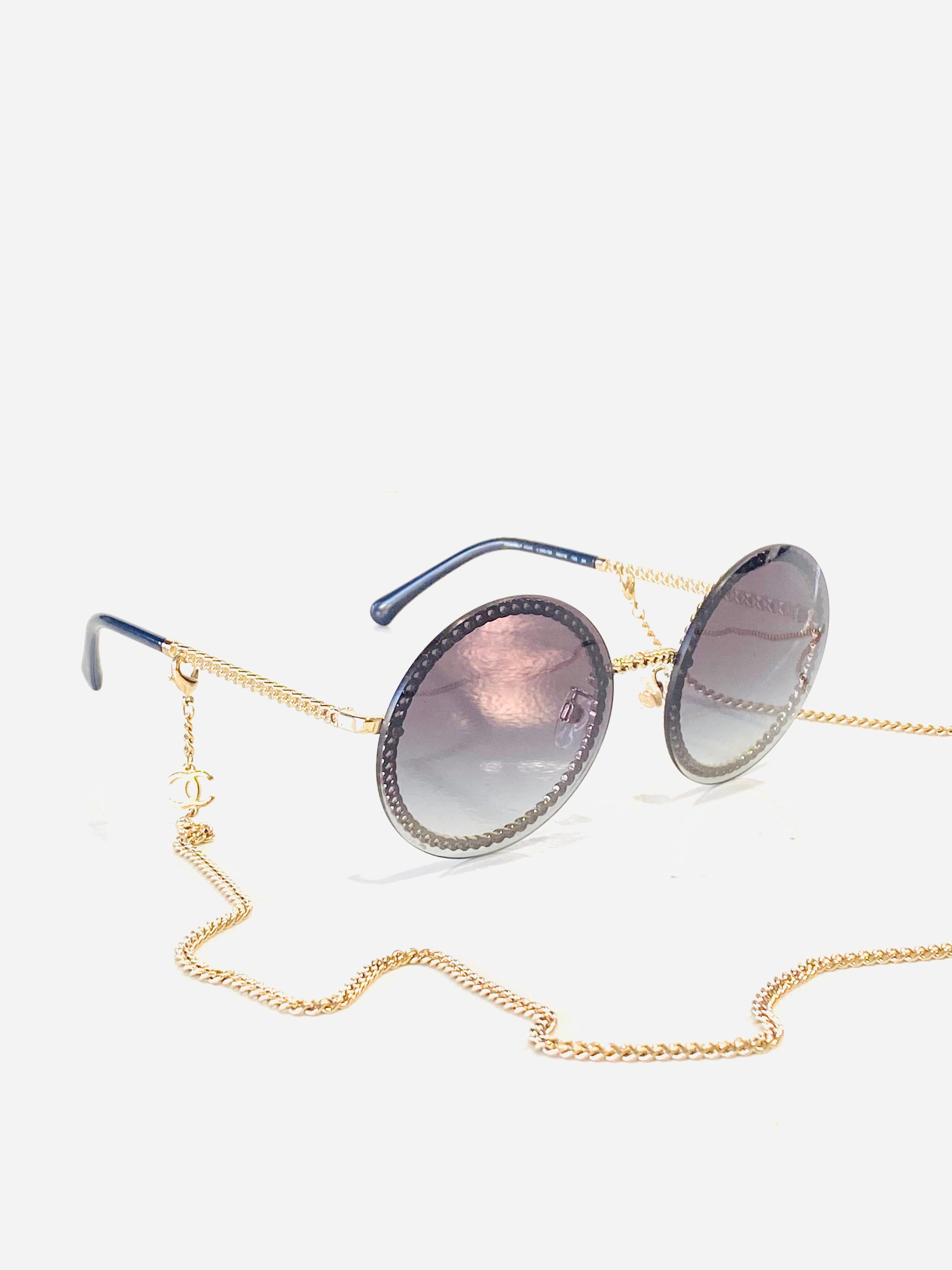 CHANEL Navy Round Sunglasses w/ Gold Chain 3