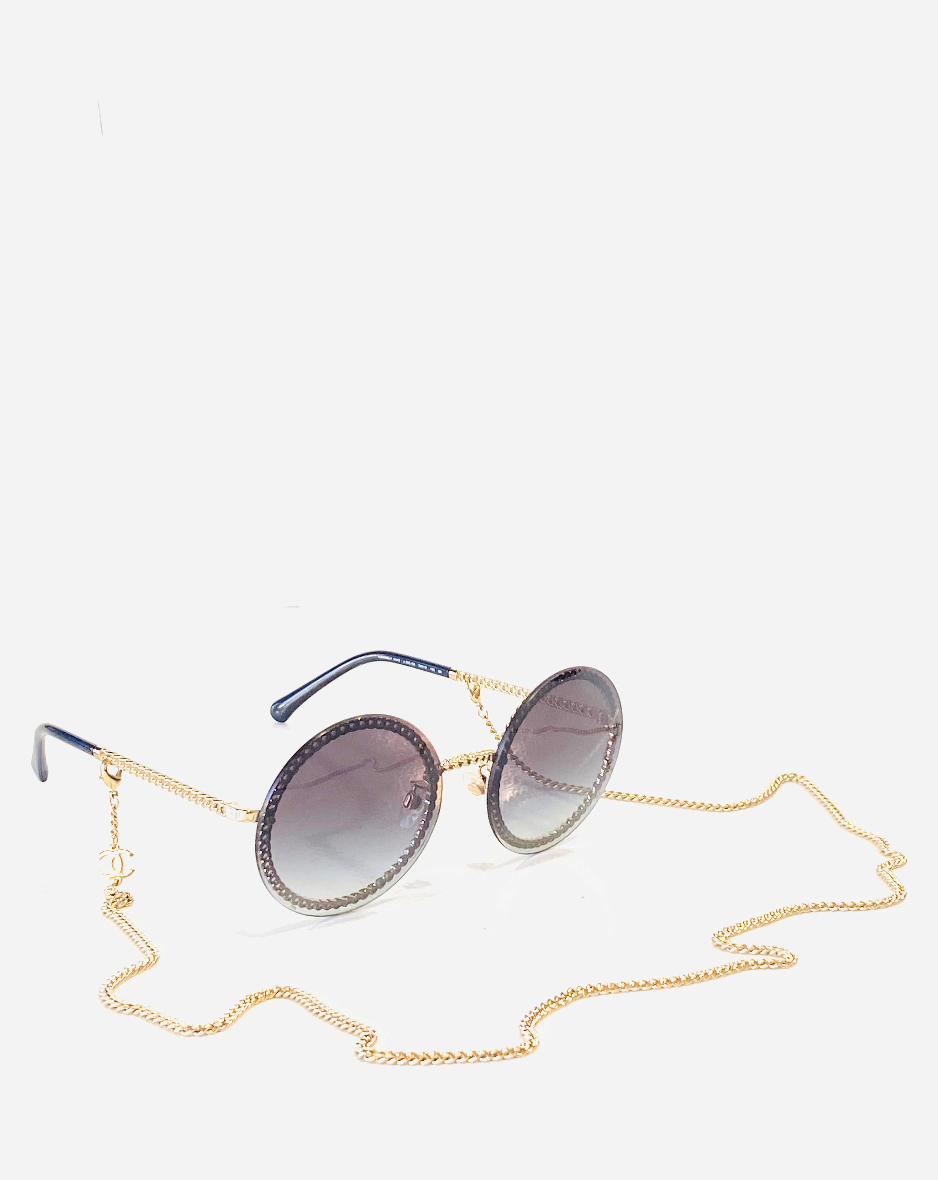 CHANEL Navy Round Sunglasses w/ Gold Chain  4