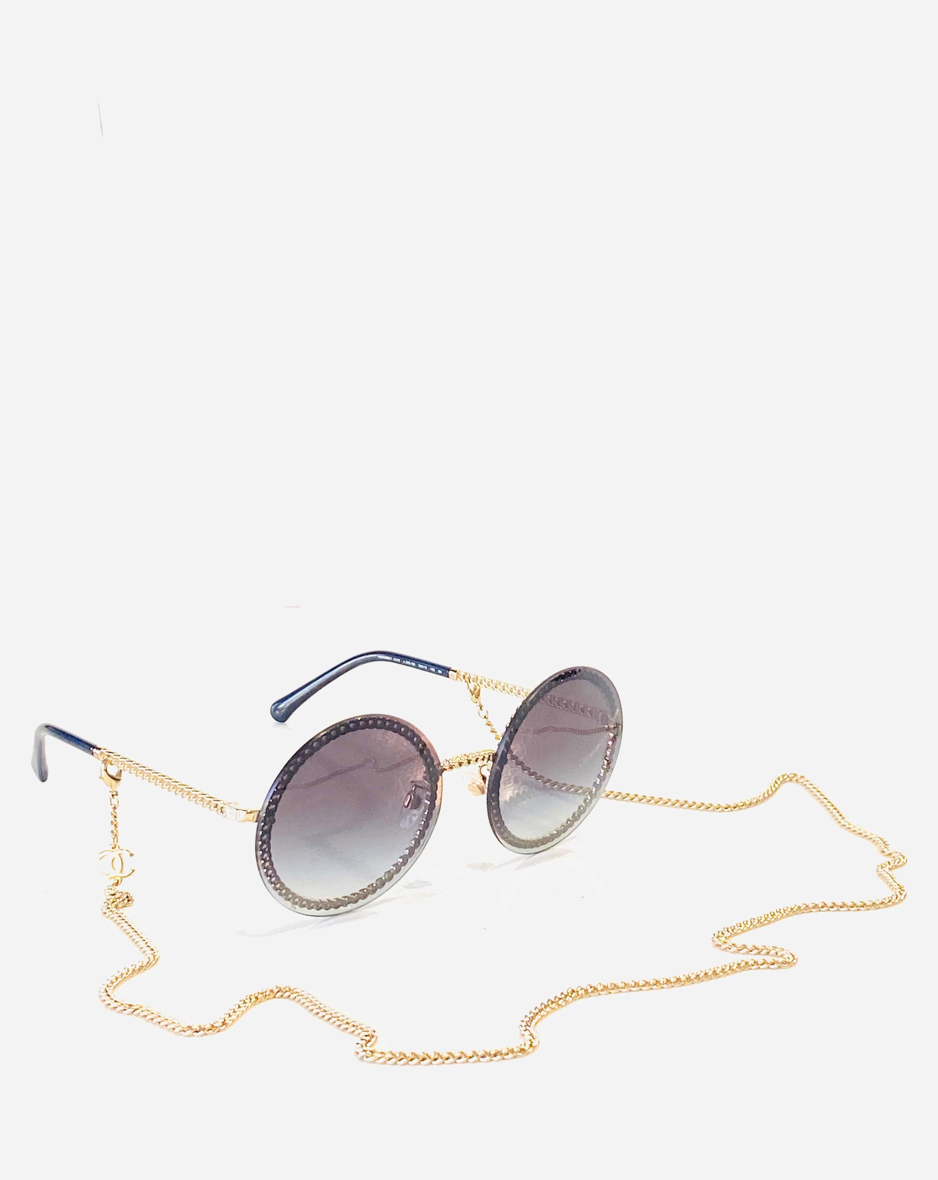 CHANEL Navy Round Sunglasses w/ Gold Chain 4