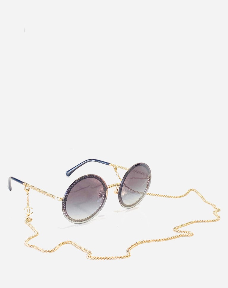 CHANEL Navy Round Sunglasses w/ Gold Chain at 1stDibs chanel eyeglass