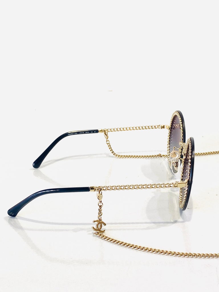 CHANEL Navy Round Sunglasses w/ Gold Chain