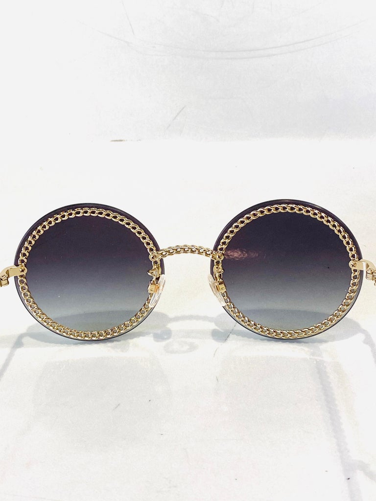 CHANEL Navy Round Sunglasses w/ Gold Chain at 1stDibs chanel eyeglass