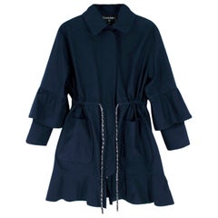 Chanel Navy Ruffled Coat with Tweed Drawstring Waist - Size US 4