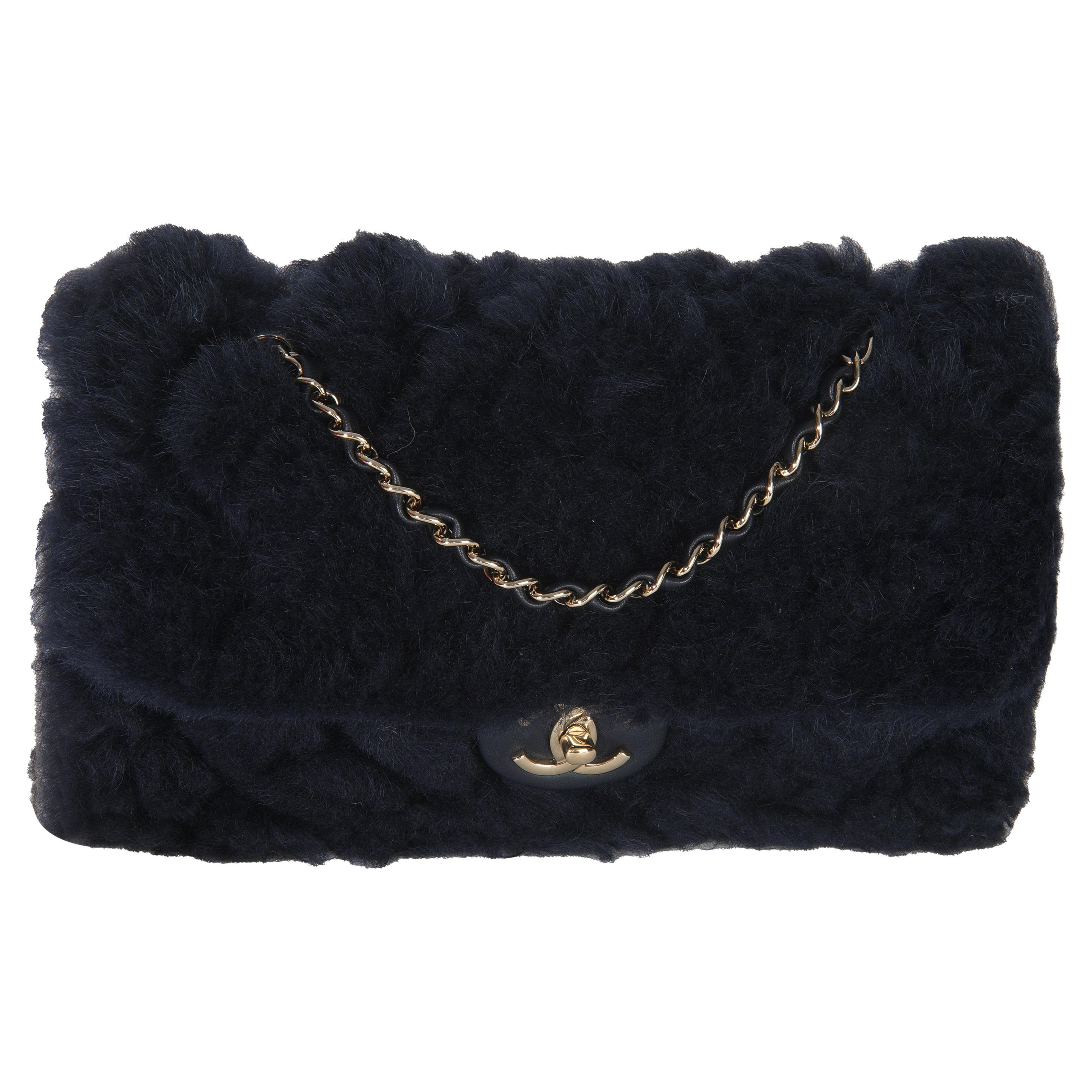 Chanel Navy Shearling Quilted Lambskin Medium Flap Bag For Sale