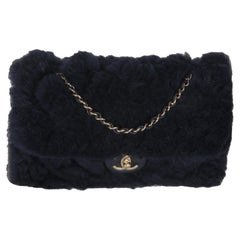 Chanel Navy Shearling Quilted Lambskin Medium Flap Bag