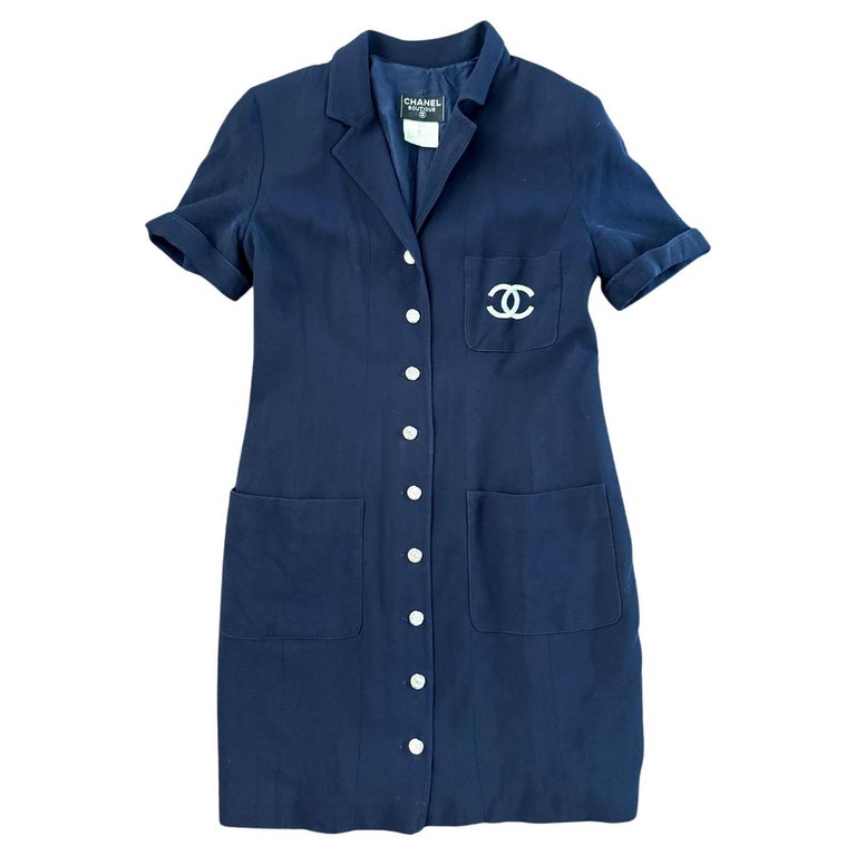 chanel navy blue dress 90s Chanel Navy Wool Dress