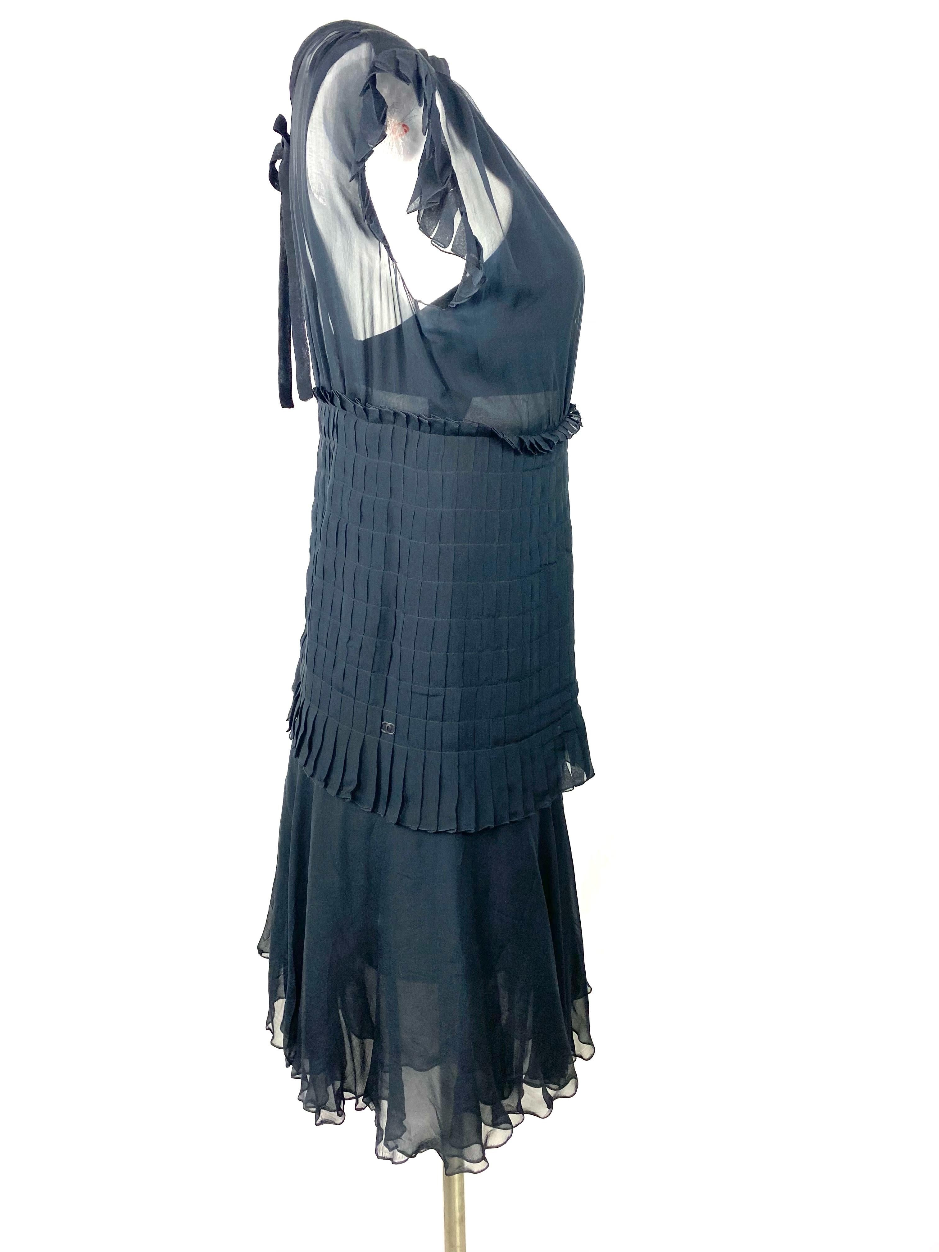 Black Chanel Navy Silk Midi Dress, Size 38