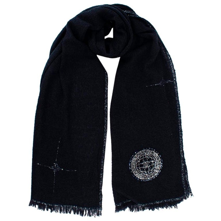 Chanel Navy and Silver Cashmere and Silk Sequin Space Agency Patch Scarf at  1stDibs