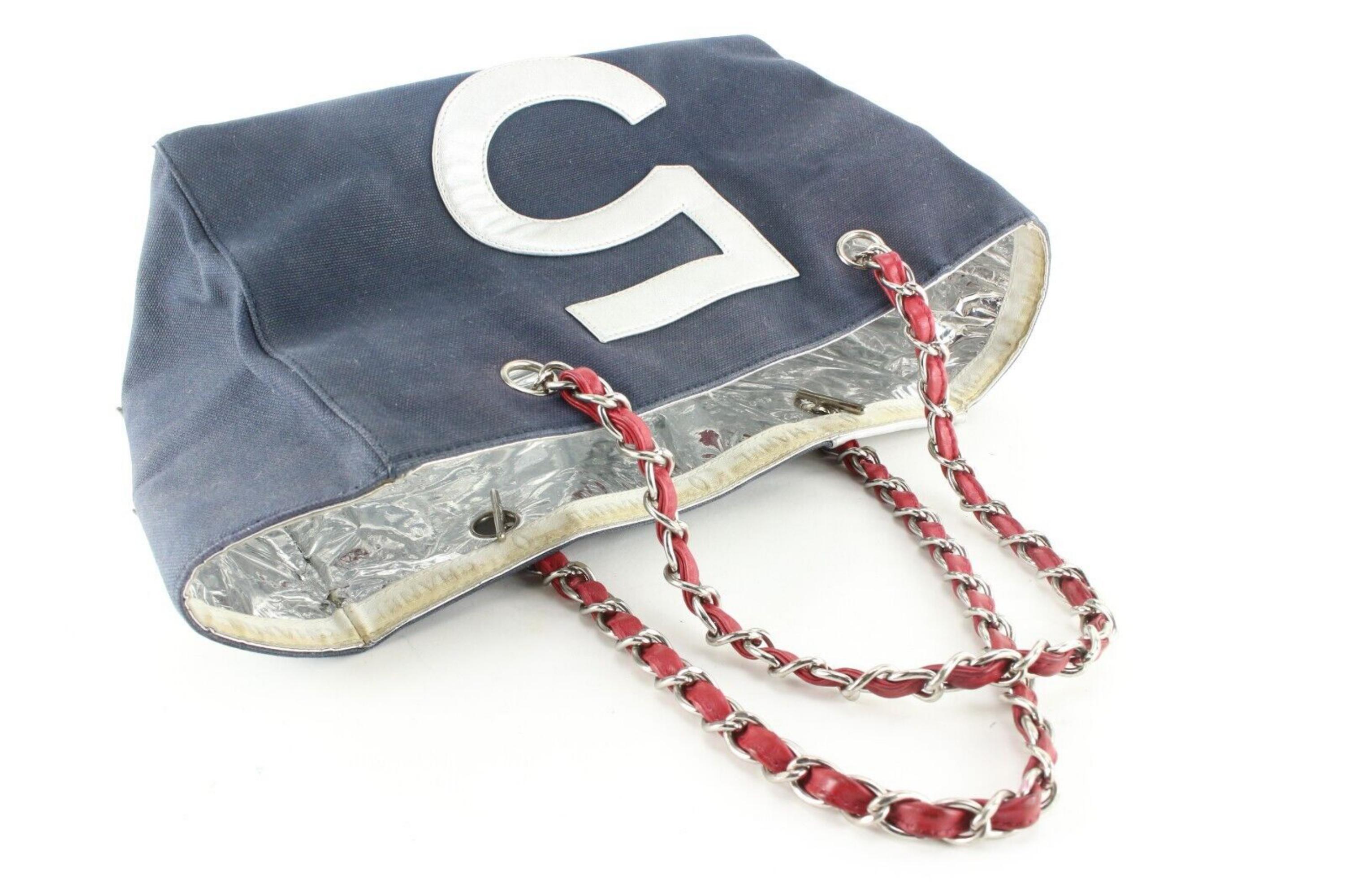 Chanel Navy Silver Red CC No. 5 Chain Tote 1C0424 For Sale 3