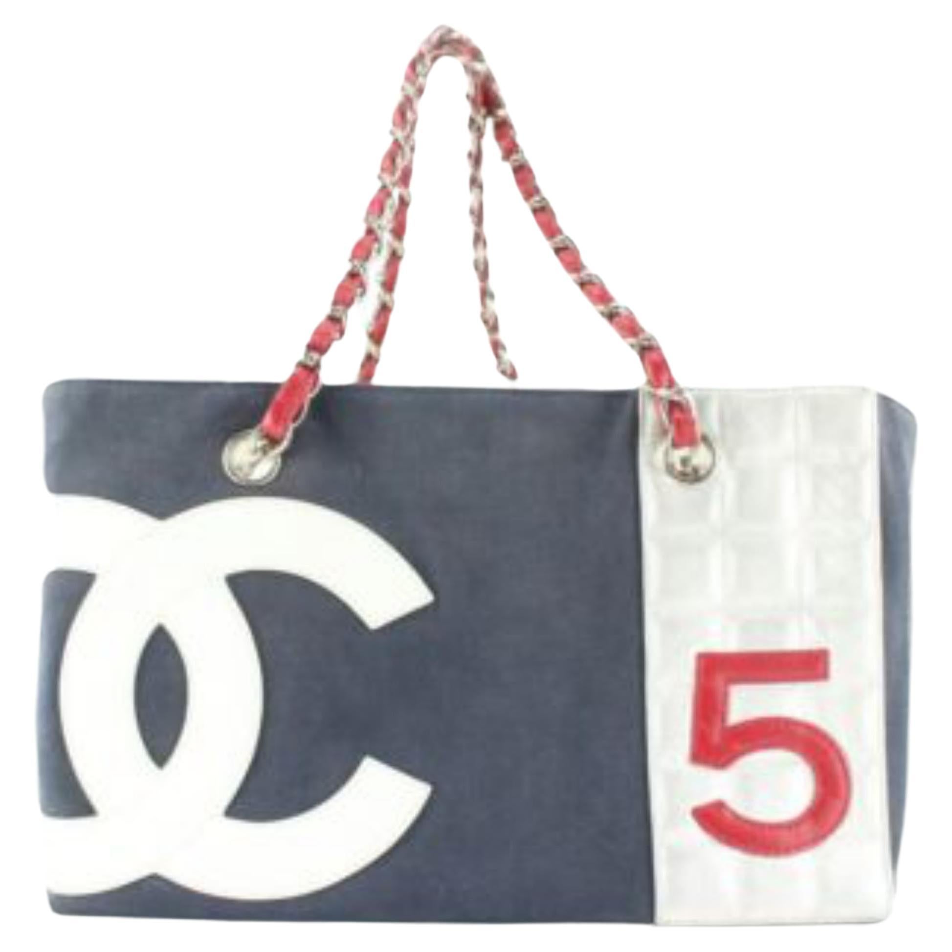 Chanel Navy Silver Red CC No. 5 Chain Tote 1C0424 For Sale